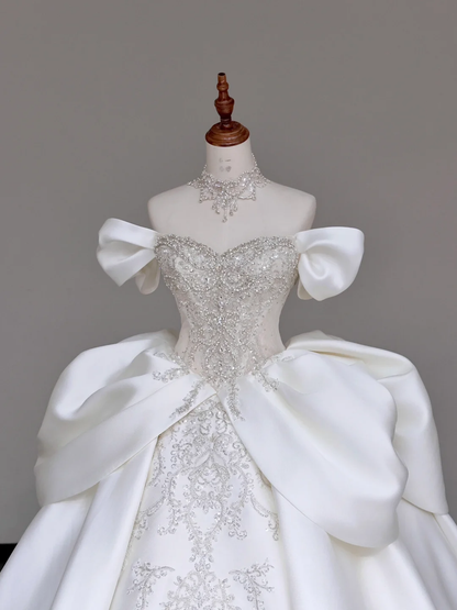 Classy Elegant Ball Gown Off The Shoulder Satin White Short Sleeves Wedding Dress Brides Dress DP688
