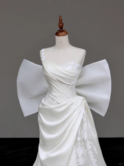 Unique Bridal Gown Mermaid Strapless White Satin Wedding Dresses One Shoulder Bridal Gowns DP689