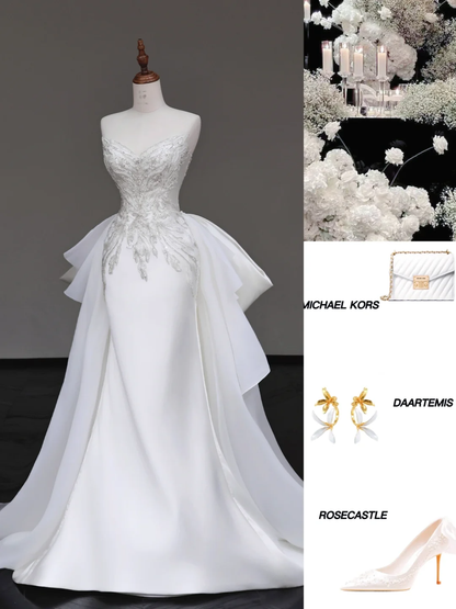 Unique Bridal Gown Mermaid Sweetheart White Satin Wedding Dresses Beads Bridal Gowns DP690