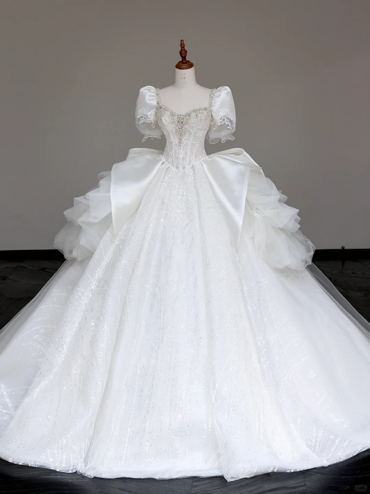 Classy Elegant Ball Gown Sweetheart White Short Sleeves Satin Wedding Dress Brides Dress DP692