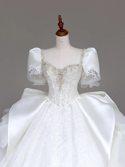 Classy Elegant Ball Gown Sweetheart White Short Sleeves Satin Wedding Dress Brides Dress DP692