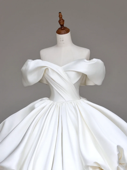 Classy Elegant Ball Gown Off The Shoulder White Short Sleeves Satin Wedding Dress Brides Dress DP695
