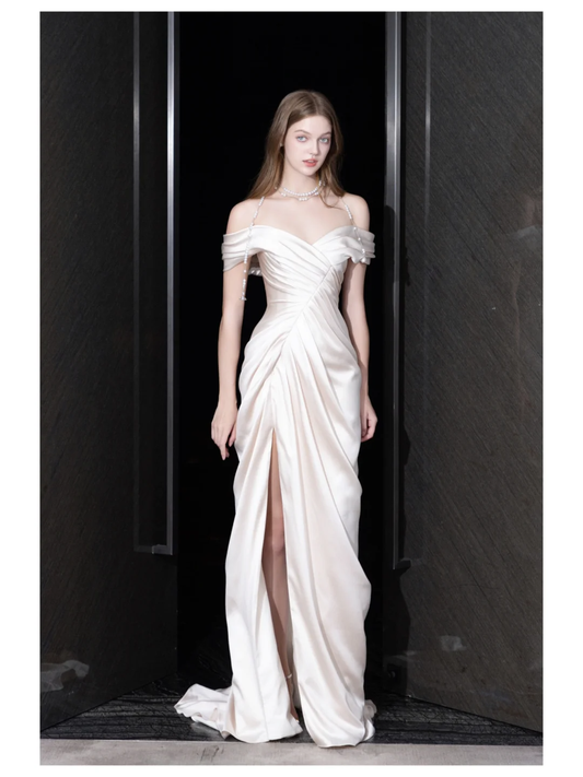 Unique Bridal Gown Mermaid Off The Shoulder Satin Ivory Wedding Dresses Bridal Gowns DP698