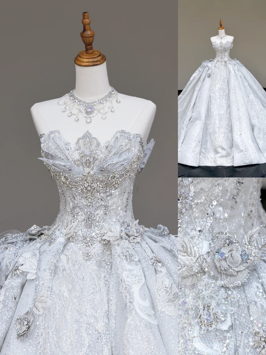 Unique Bridal Gown Ball Gown Strapless White Sequin Wedding Dresses Bridal Gowns DP704