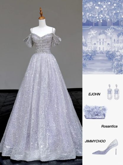 Gorgeous A line Spaghetti Straps Sequin Long Prom Dresses Graduation Dresses DP705