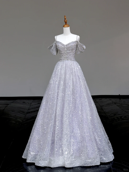 Gorgeous A line Spaghetti Straps Sequin Long Prom Dresses Graduation Dresses DP705