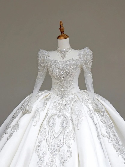 Unique Bridal Gown Ball Gown Sweetheart Long Sleeves White Sequin Wedding Dresses Bridal Gowns DP706