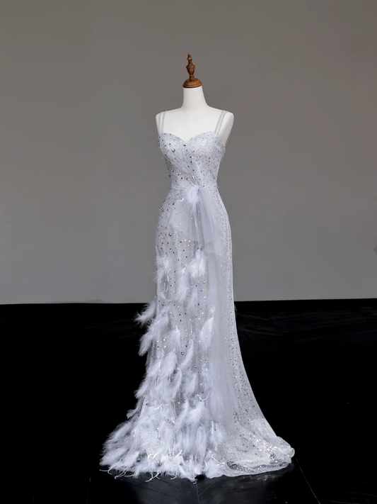 Gorgeous A Line Spaghetti Straps Sequin Silver Long Prom Dress Party Dress Graduation Dresses DP713