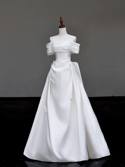 Unique Bridal Gown Ball Gown Off The Shoulder White Satin Wedding Dresses Bridal Gowns DP715