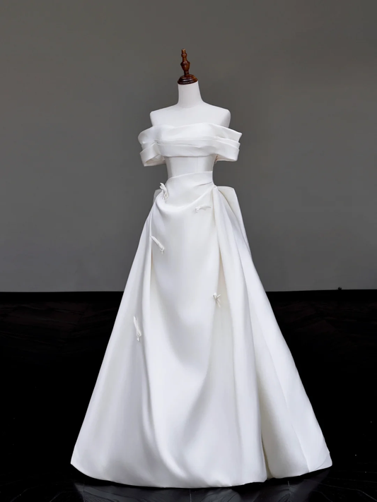 Unique Bridal Gown Ball Gown Off The Shoulder White Satin Wedding Dresses Bridal Gowns DP715