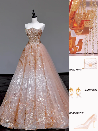 Gorgeous Ball Gown Strapless Sequin Long Prom Dress Party Dress Graduation Dresses DP718