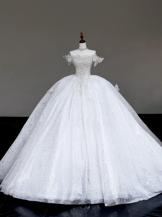 Unique Bridal Gown Ball Gown Off The Shoulder White Sequin Wedding Dresses Bridal Gowns DP719