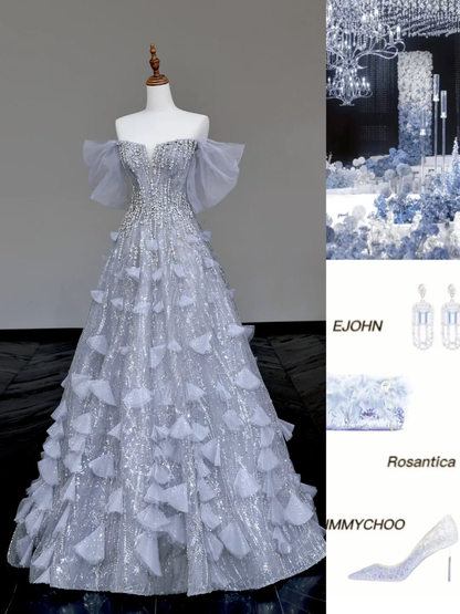 Gorgeous Ball Gown Off The Shoulder Silver Gray Sequin Long Prom Dresses Graduation Dresses DP721