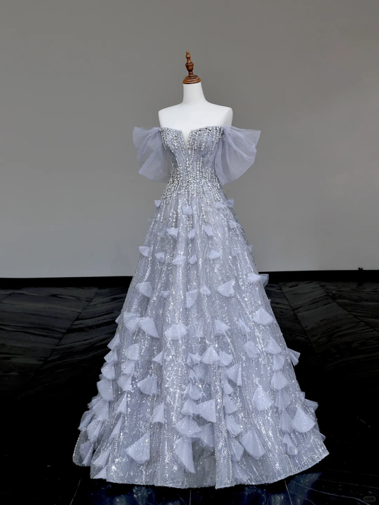 Gorgeous Ball Gown Off The Shoulder Silver Gray Sequin Long Prom Dresses Graduation Dresses DP721