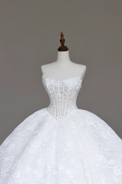 Unique Bridal Gown Ball Gown Sweetheart Lace White Satin Wedding Dresses Bridal Gowns DP684