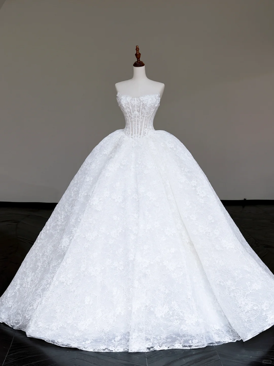Unique Bridal Gown Ball Gown Sweetheart Lace White Satin Wedding Dresses Bridal Gowns DP684