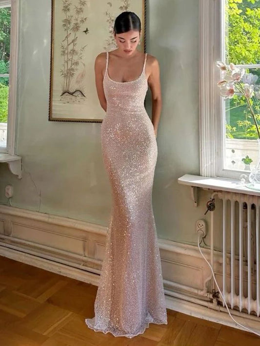 Gorgeous Pink Mermaid Straps Sequin Prom Dresses With Slit Graduation Dresses DP724