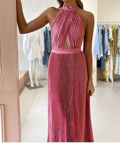 Elegant Wedding Guest Outfit A line Halter Hot Pink Satin Prom Dresses Summer Wedding Guest Dresses Graduation Dresses DP727