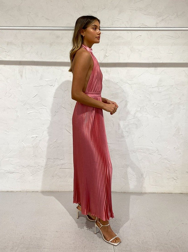 Elegant Wedding Guest Outfit A line Halter Hot Pink Satin Prom Dresses Summer Wedding Guest Dresses Graduation Dresses DP727