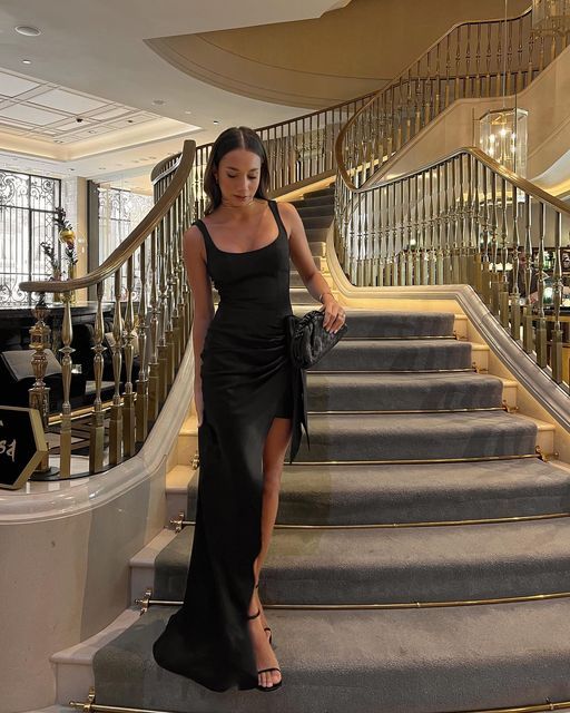 Classy Mermaid Square Neckline Black Tie Prom Dresses Satin Summer Wedding Guest Dresses Wedding Guest Outfits DP739