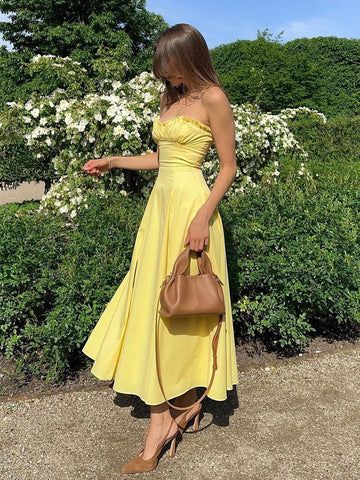 Elegant Wedding Guest Outfit A line Strapless Yellow Night Dresses Summer Wedding Guest Dresses Graduation Dresses DP740