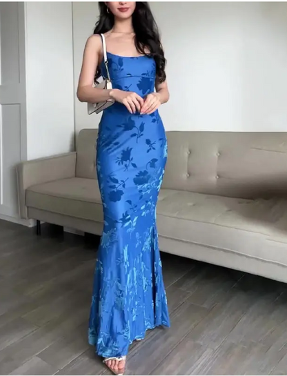 Classy Mermaid Spaghetti Straps Floral Blue Prom Dresses Satin Summer Wedding Guest Dresses Wedding Guest Outfits DP741