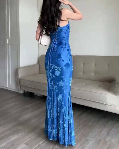 Classy Mermaid Spaghetti Straps Floral Blue Prom Dresses Satin Summer Wedding Guest Dresses Wedding Guest Outfits DP741