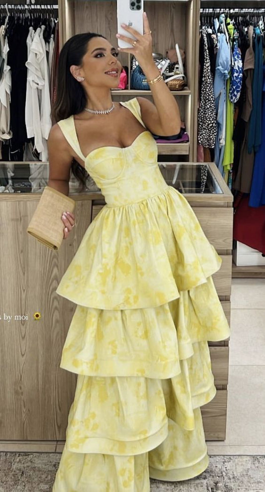 Gorgeous A line Yellow Floral Prom Dresses Formal Summer Wedding Guest Dresses Wedding Guest Outfits DP743