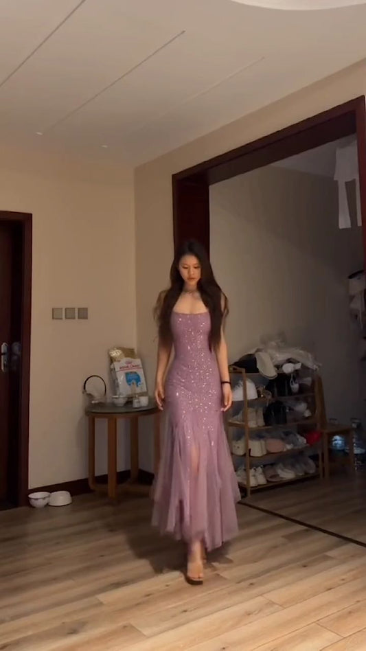 Classy Mermaid Spaghetti Straps Lilac Sequin Prom Dresses Summer Wedding Guest Dresses Wedding Guest Outfits DP745