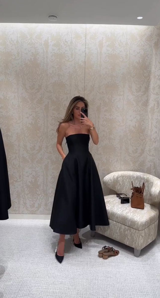 Gorgeous A line Strapless Black Tie Prom Dresses Formal Summer Wedding Guest Dresses Wedding Guest Outfits DP746