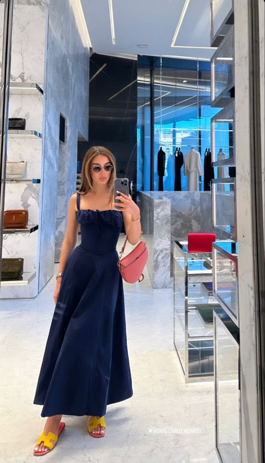 Elegant Wedding Guest Outfit A line Straps Navy Blue Night Dresses Summer Wedding Guest Dresses Graduation Dresses DP747