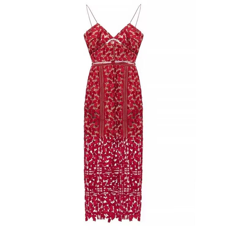 Robe fourreau élégante à bretelles spaghetti en dentelle rouge, tenue de bal d'été pour invités de mariage, DP748