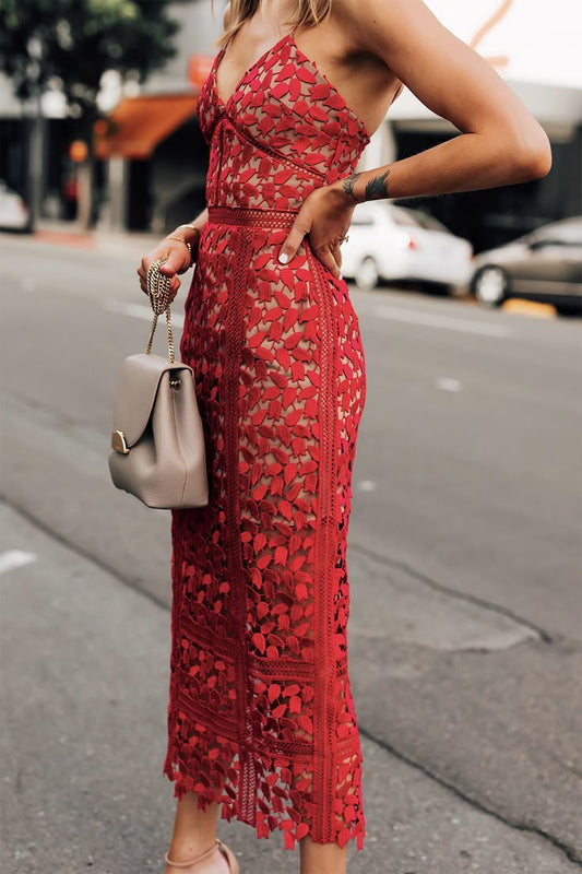 Classy Sheath Spaghetti Straps Red Lace Prom Dresses Summer Wedding Guest Dresses Wedding Guest Outfits DP748