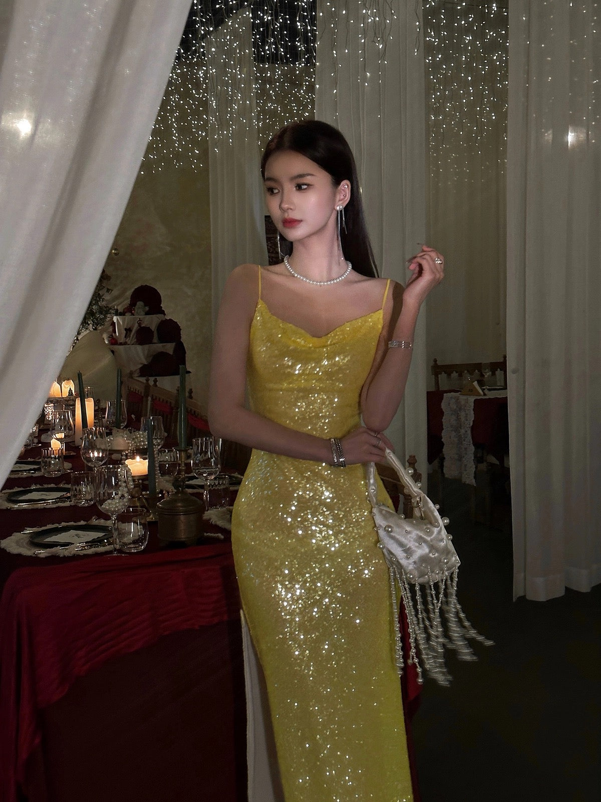 Robe de bal sirène élégante à bretelles spaghetti jaunes et paillettes, tenue d'invitée de mariage d'été, DP751