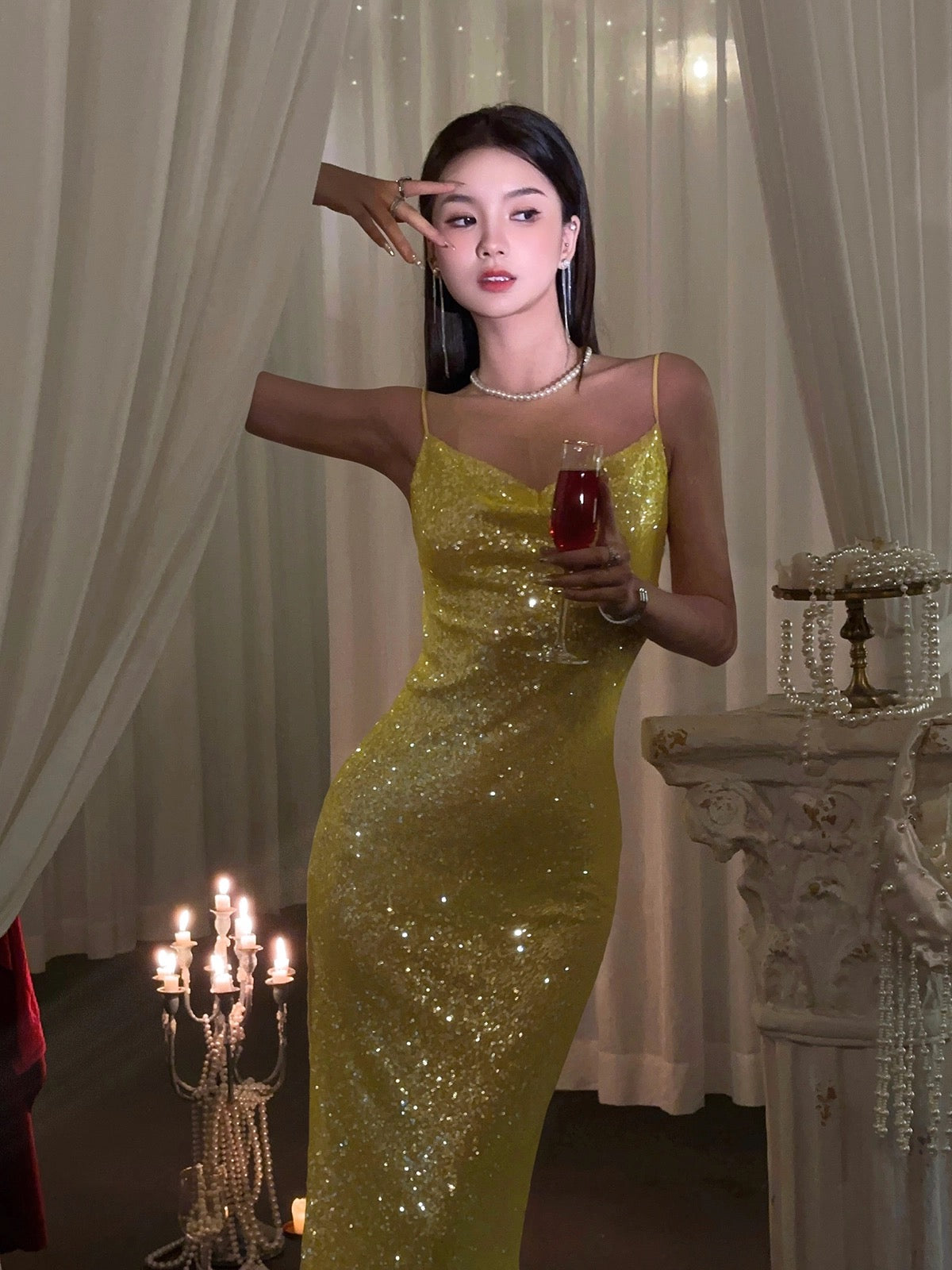 Robe de bal sirène élégante à bretelles spaghetti jaunes et paillettes, tenue d'invitée de mariage d'été, DP751