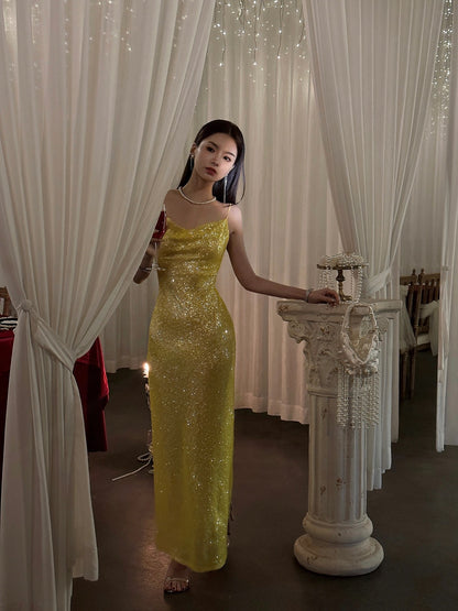 Robe de bal sirène élégante à bretelles spaghetti jaunes et paillettes, tenue d'invitée de mariage d'été, DP751