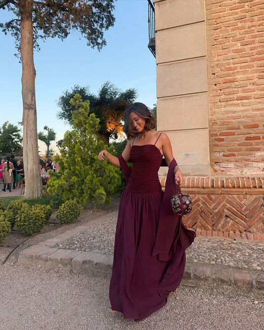 Gorgeous A line Straps Burgundy Chiffon Prom Dresses Formal Summer Wedding Guest Dresses Wedding Guest Outfits DP752