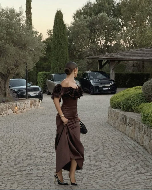 Elegant Wedding Guest Outfit Sheath Off The Shoulder Brown Night Dresses Summer Wedding Guest Dresses Graduation Dresses DP753