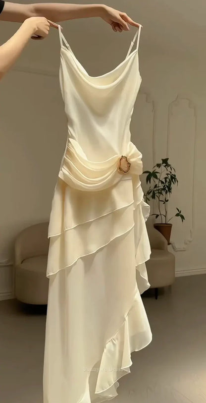 Superbes robes de bal en mousseline ivoire à bretelles hautes et basses, robes d'invitées de mariage d'été formelles, tenues d'invitées de mariage DP754