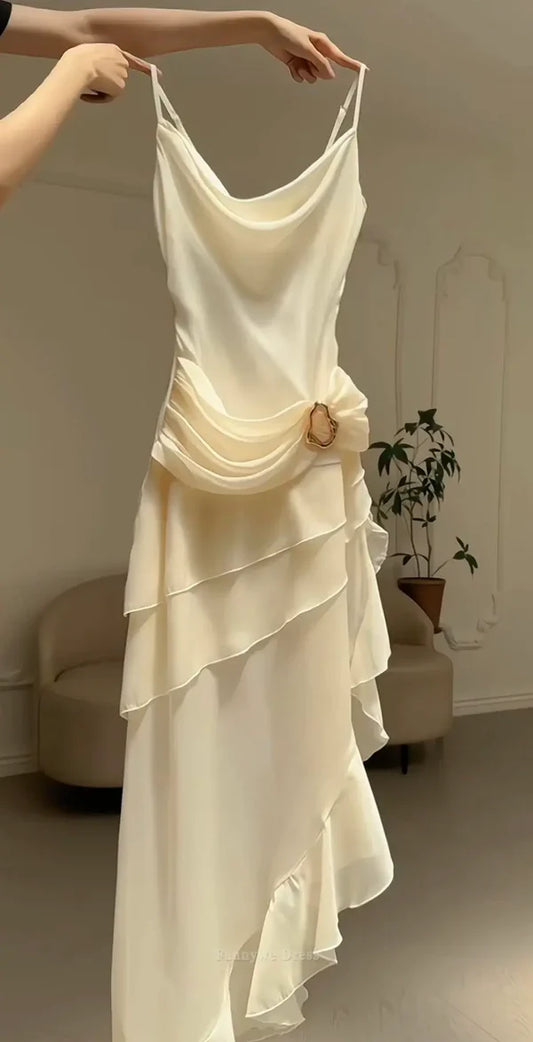 Gorgeous High Low Straps Ivory Chiffon Prom Dresses Formal Summer Wedding Guest Dresses Wedding Guest Outfits DP754