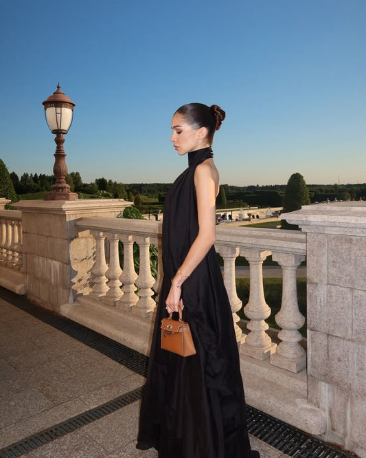 Gorgeous A line High Neckline Black Chiffon Prom Dresses Formal Summer Wedding Guest Dresses Wedding Guest Outfits DP756
