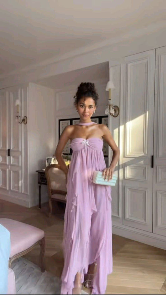 Gorgeous A line Sweetheart Lilac Chiffon Prom Dresses Formal Summer Wedding Guest Dresses Wedding Guest Outfits With Scarf DP758