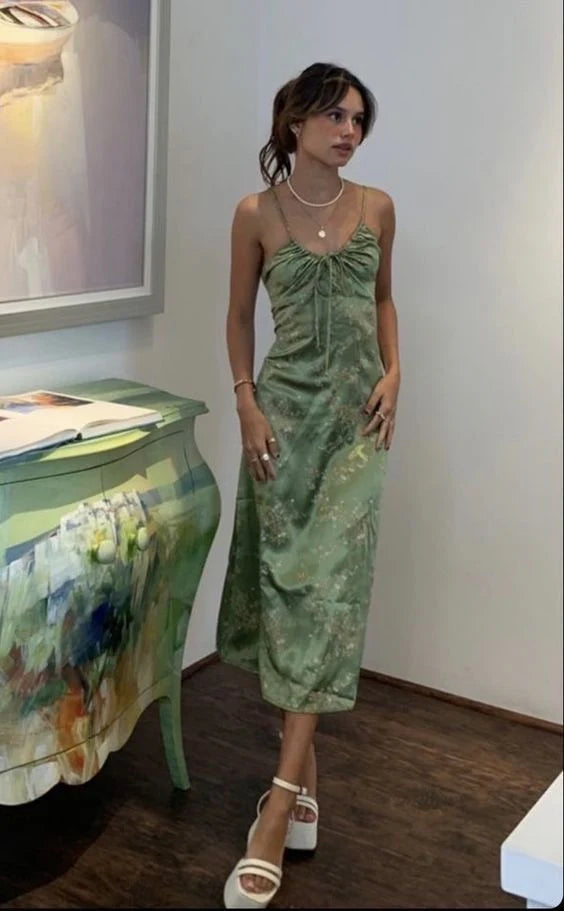 Gorgeous A line Halter Green Floral Prom Dresses Formal Summer Wedding Guest Dresses Wedding Guest Outfits DP760