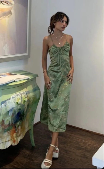 Gorgeous A line Halter Green Floral Prom Dresses Formal Summer Wedding Guest Dresses Wedding Guest Outfits DP760