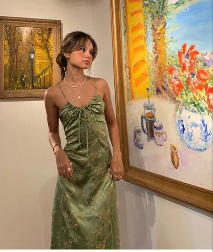 Gorgeous A line Halter Green Floral Prom Dresses Formal Summer Wedding Guest Dresses Wedding Guest Outfits DP760