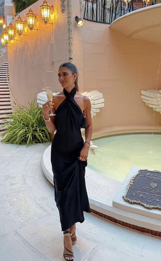 Superbe robe de bal noire à col haut et ligne A, tenue d'invitée de mariage d'été formelle, DP765