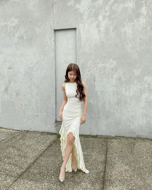 Gorgeous High Low Scoop Ivory Prom Dresses Formal Summer Wedding Guest Dresses Wedding Guest Outfits DP768
