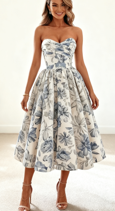 Elegant Wedding Guest Outfit Ball Gown Blue Floral Formal Night Dresses Summer Tea Length Wedding Guest Dresses DP769
