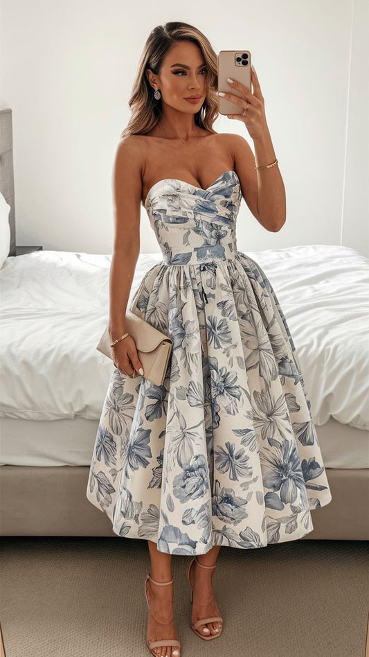 Robe de soirée élégante à fleurs bleues pour invité de mariage, tenue de soirée élégante, longueur thé, DP769