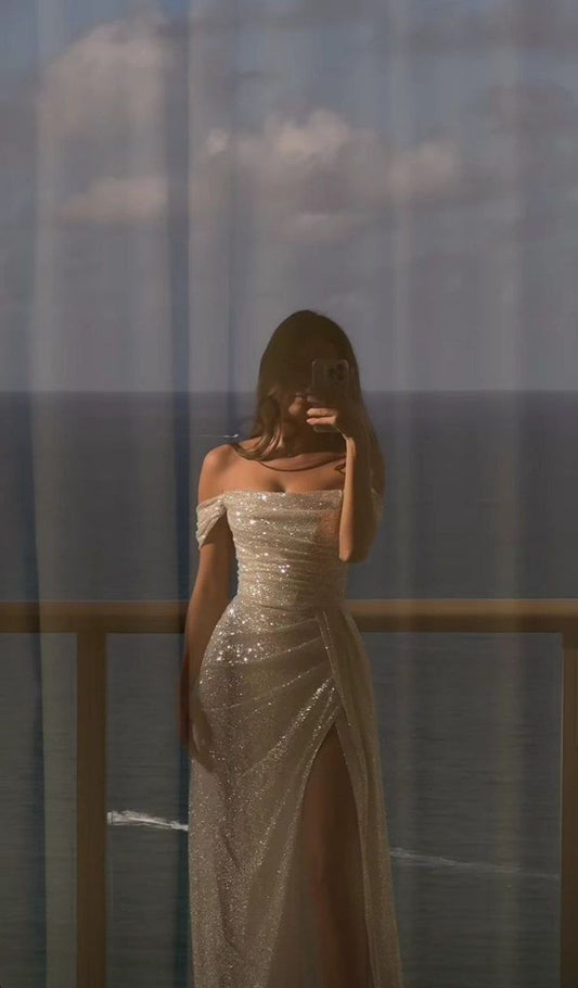 Classy Sheath Off The Shoulder Sequin Slit Prom Dresses Summer Wedding Guest Dresses Wedding Guest Outfits DP773